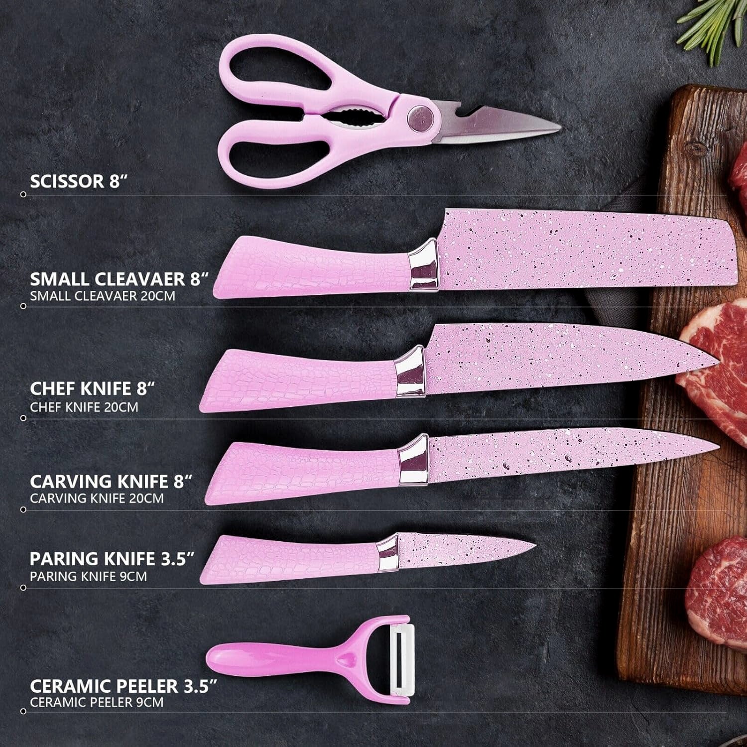 Superior eMart stainless steel ceramic knife set includes various knives and scissors in pink color