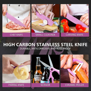 Stainless steel ceramic knife set featuring chef, cleaver, paring knives, and peeler for versatile kitchen use