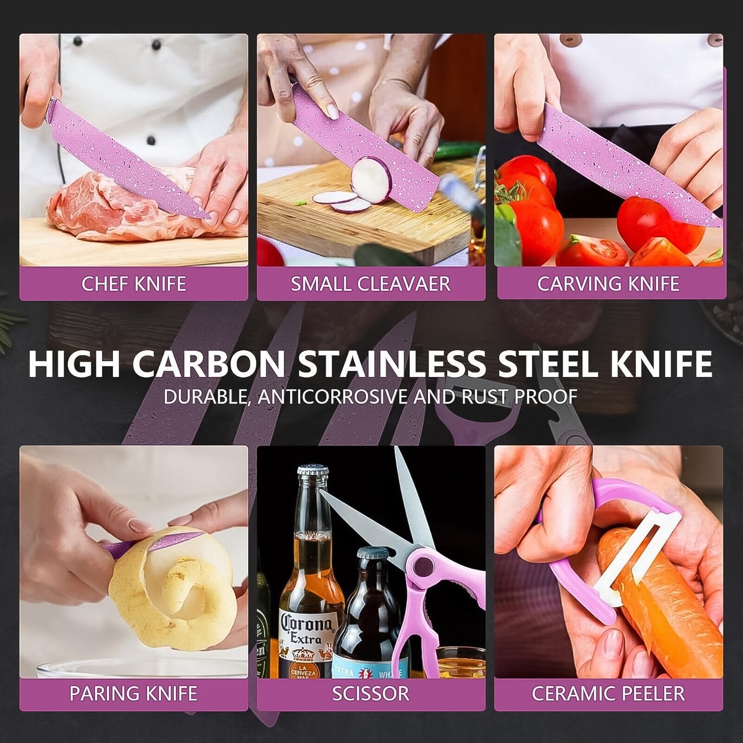 Stainless steel ceramic knife set featuring chef, cleaver, paring knives, and peeler for versatile kitchen use