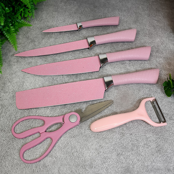 Pink stainless steel ceramic knife set with kitchen scissors and peeler for easy food preparation