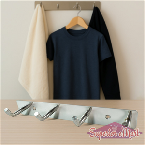 Stainless steel wall mounted coat rack with five hooks for jackets and towels in a modern home setting