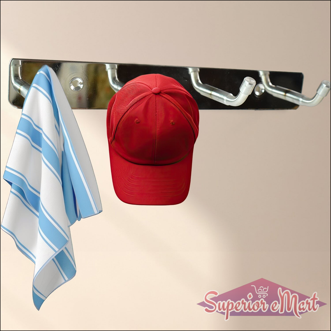 Stainless steel wall mounted coat rack with hooks holding a red hat and a striped towel