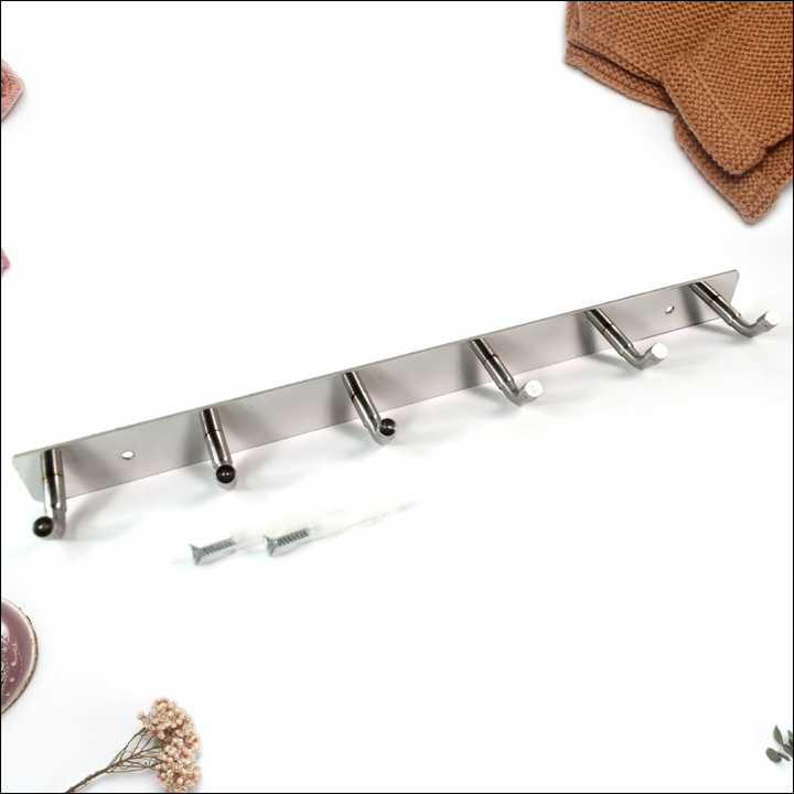 Stainless steel wall mounted coat rack with five hooks for organizing outerwear and accessories