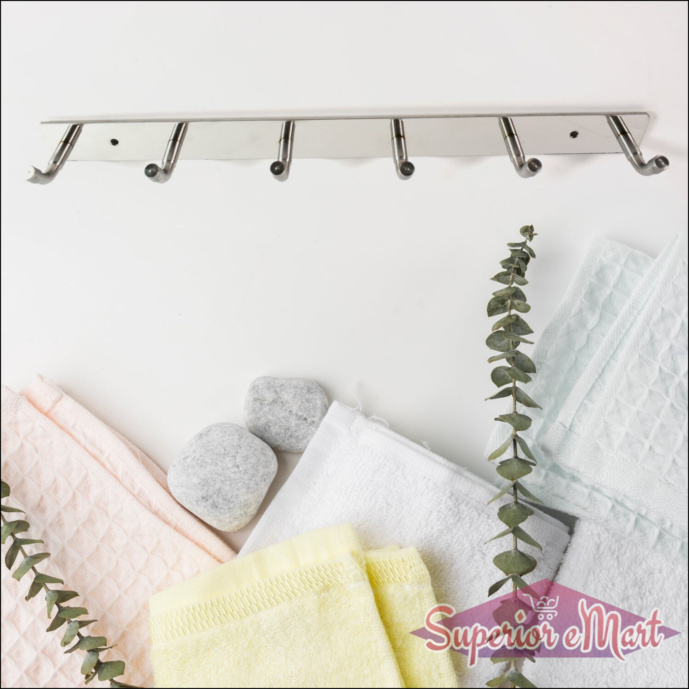 Stainless steel wall mounted coat rack with five hooks, perfect for organizing towels and coats