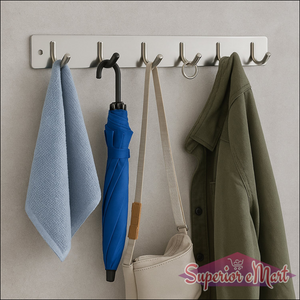 Stainless steel wall mounted coat rack with multiple hooks for clothing and accessories