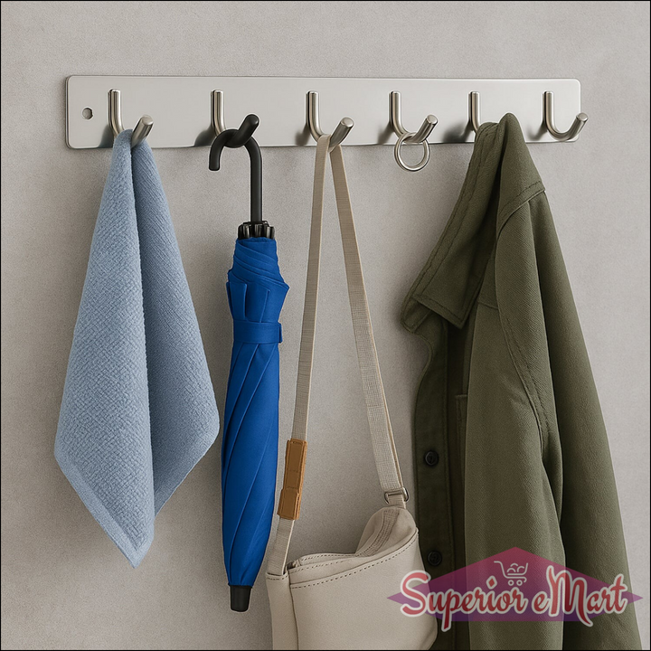Stainless steel wall mounted coat rack with multiple hooks for clothing and accessories