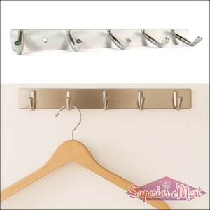 Stainless steel wall mounted coat rack with five hooks for easy organization and modern design