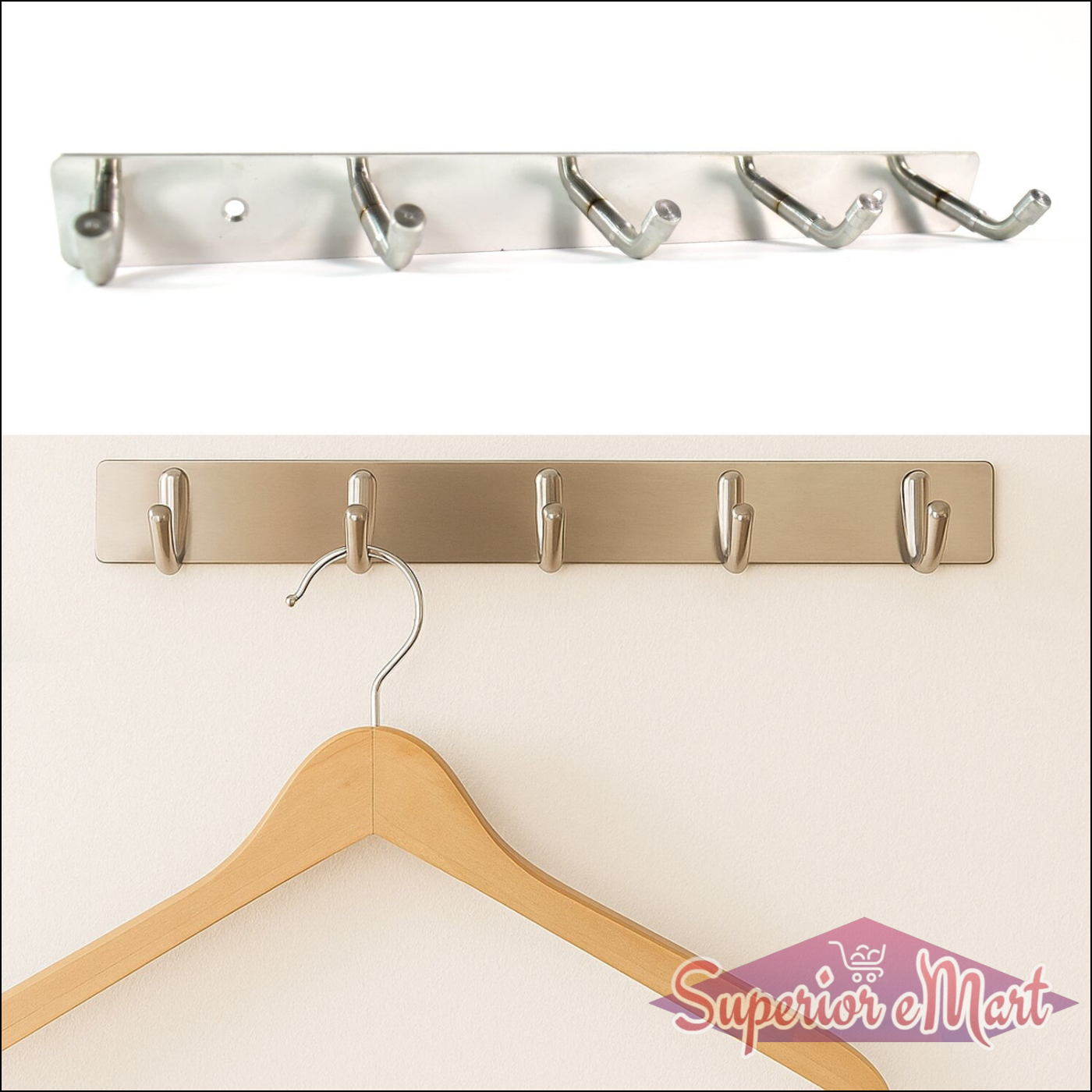Stainless steel wall mounted coat rack with five hooks for easy organization and modern design