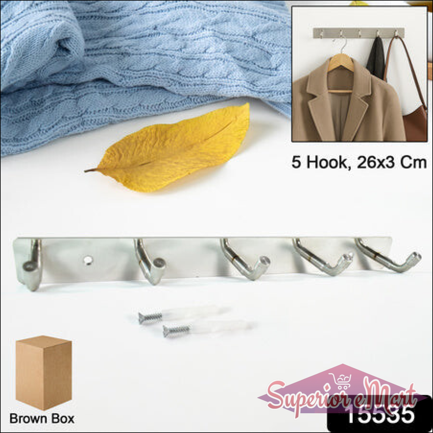 Stainless steel wall mounted coat rack with five hooks for easy organization in home and kitchen