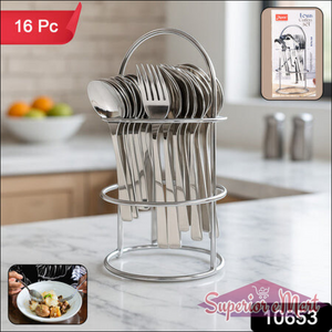 16 Piece stainless steel cutlery set with utensils neatly displayed in a stylish holder