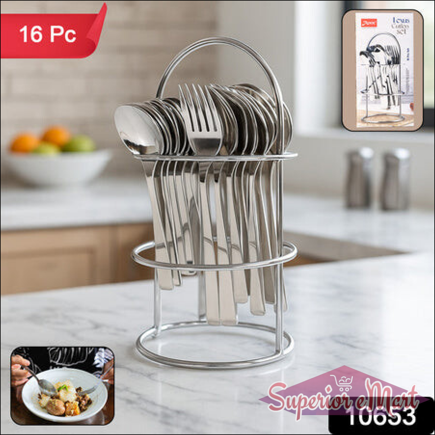 16 Piece stainless steel cutlery set with utensils neatly displayed in a stylish holder