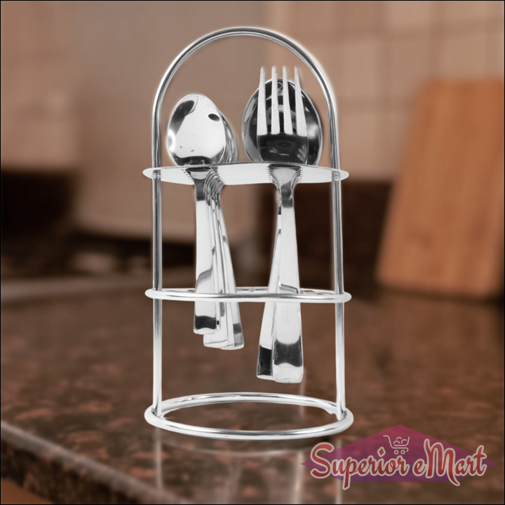 Stainless steel cutlery set displayed in a sleek holder for dining and kitchen use
