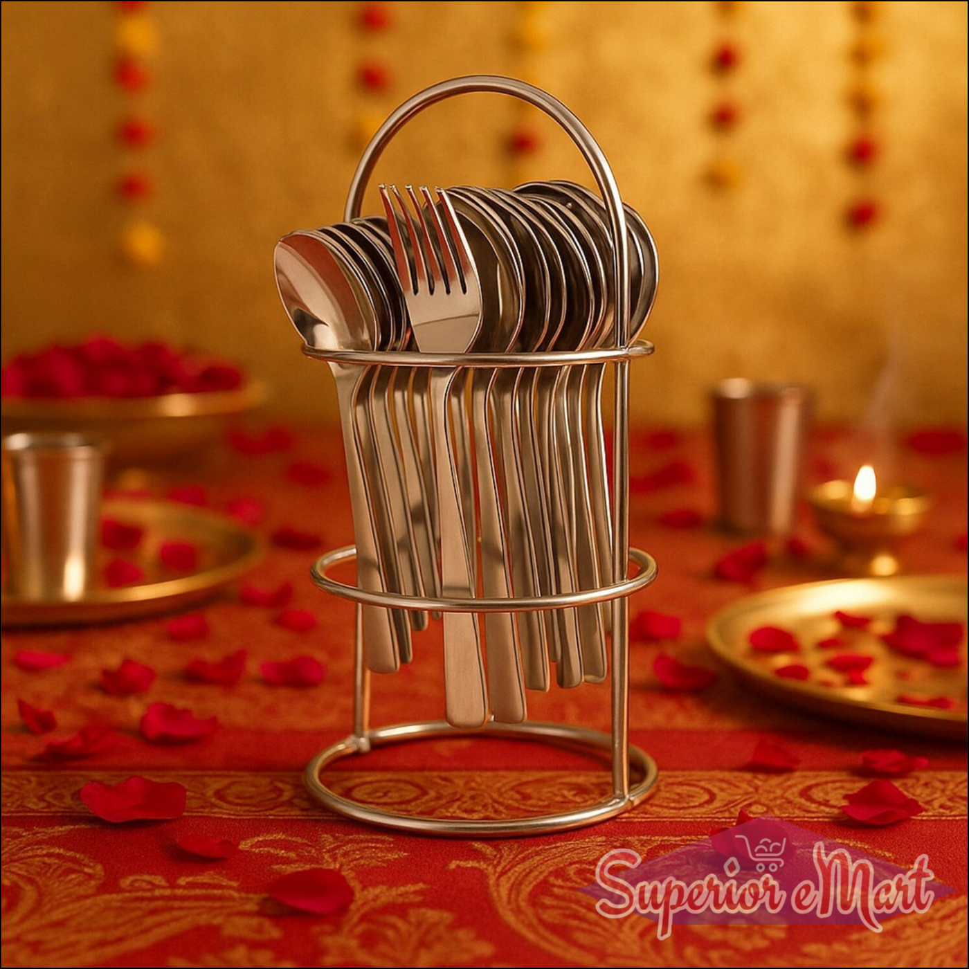Stainless steel cutlery set displayed in a stylish holder for elegant dining occasions