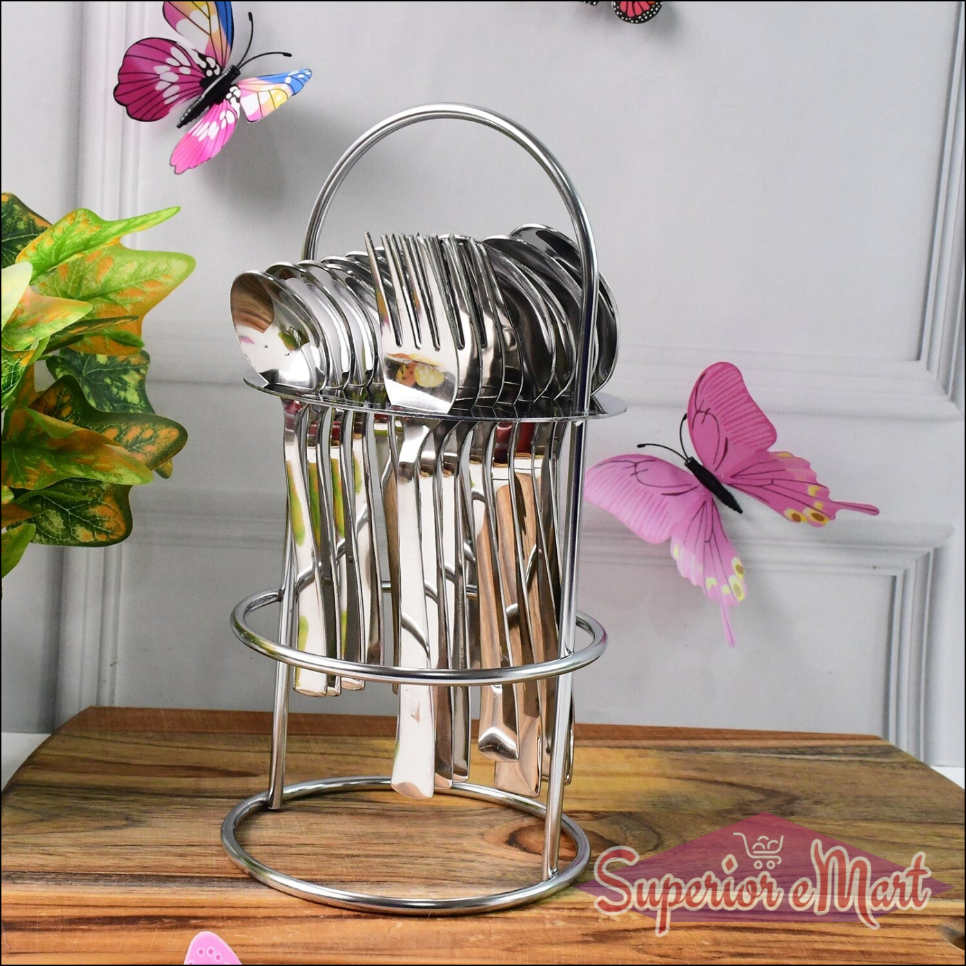 Elegant stainless steel cutlery set displayed in a stylish holder for dining and kitchen use