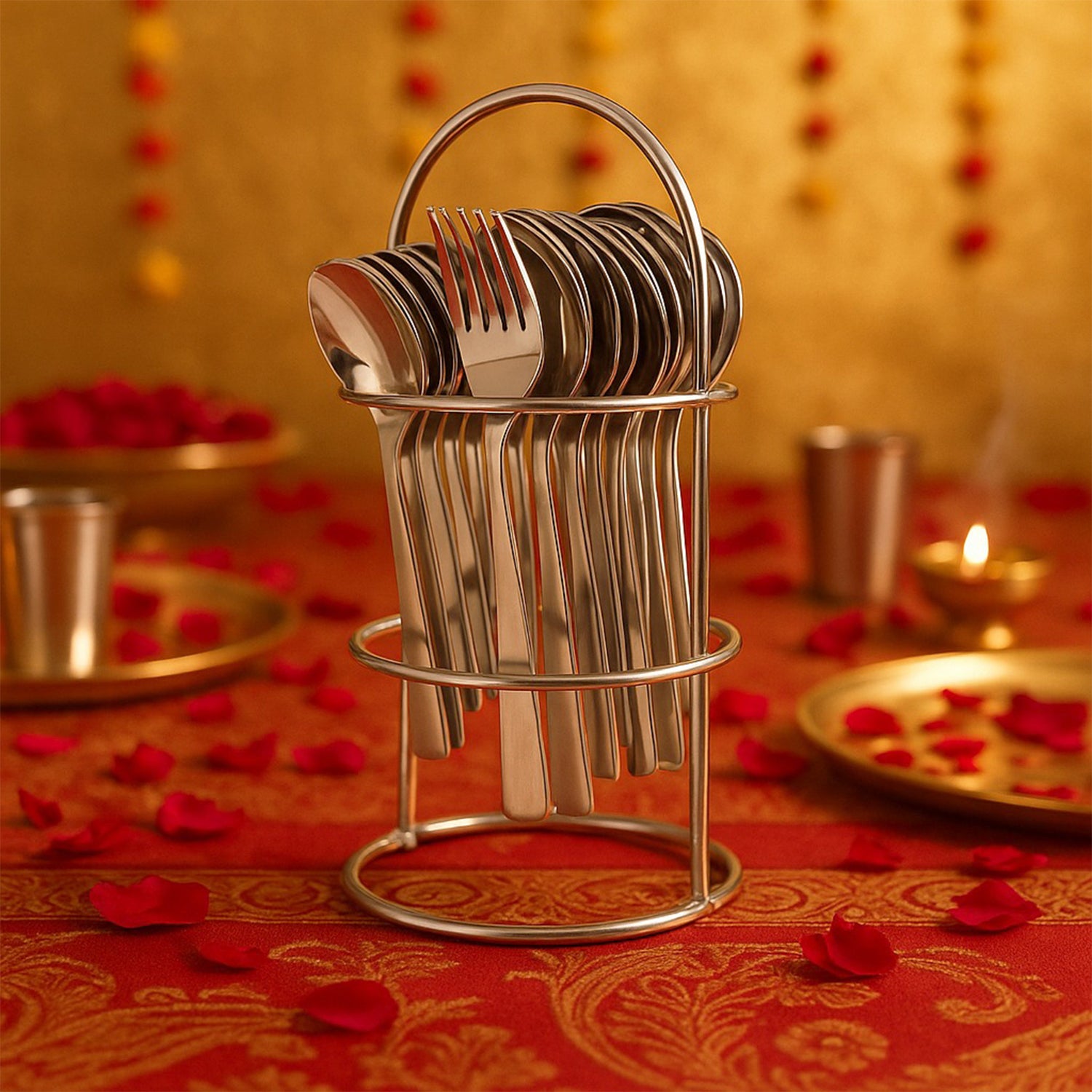 Stainless steel cutlery set displayed in a stylish holder for elegant dining occasions