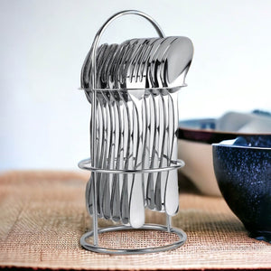 Superior eMart stainless steel cutlery set displayed in a modern holder for elegant dining