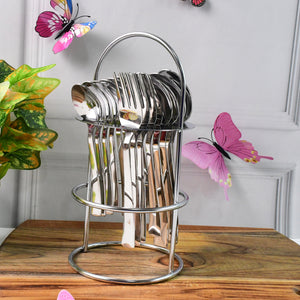 Elegant stainless steel cutlery set displayed in a stylish holder for dining and kitchen use