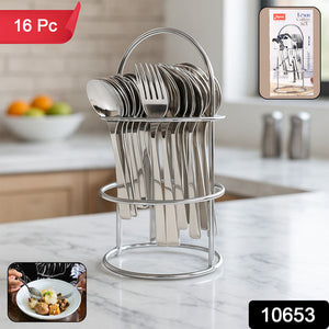 16 Piece stainless steel cutlery set with utensils neatly displayed in a stylish holder