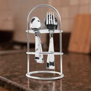 Stainless steel cutlery set displayed in a sleek holder for dining and kitchen use