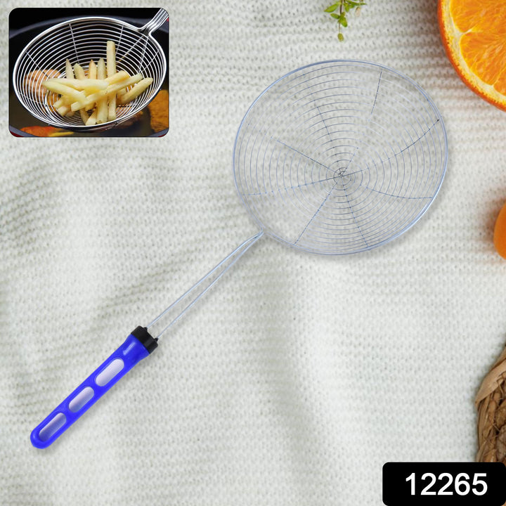 Superior eMart stainless steel deep fry strainer big with blue handle for frying and draining food