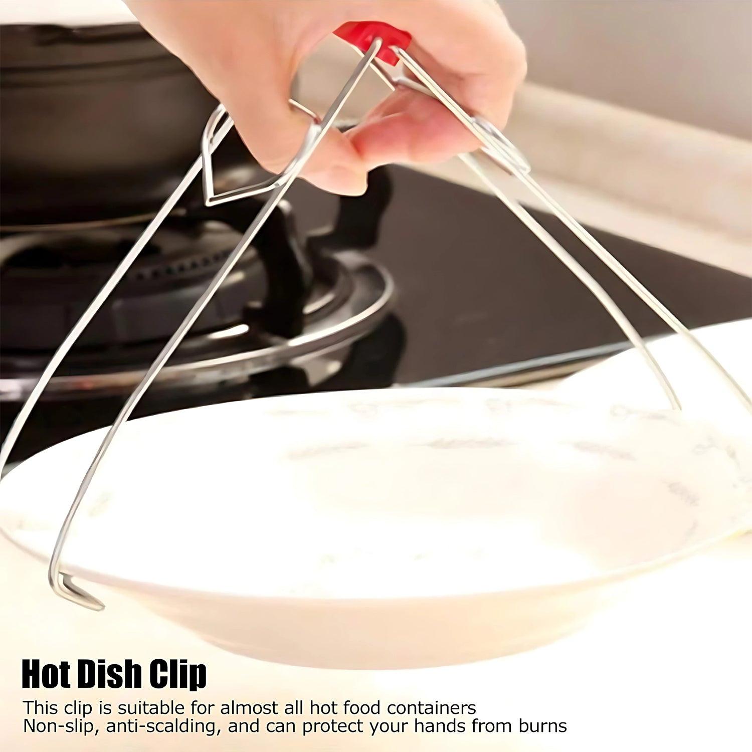 Stainless steel dish gripper tongs in use for safely handling hot food containers in the kitchen