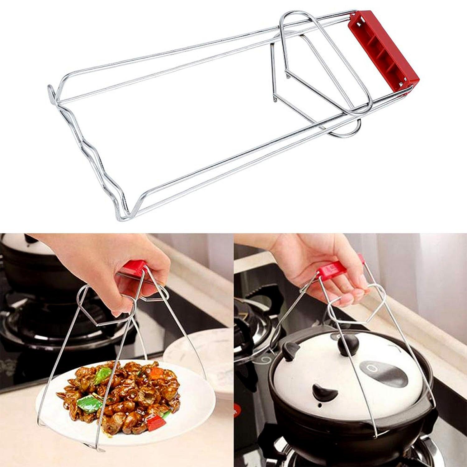 Stainless steel dish gripper tongs for safe and easy handling of hot dishes in the kitchen