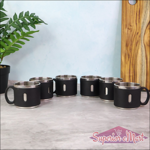 Stainless steel double wall coffee mug set in black, ideal for keeping beverages hot or cold