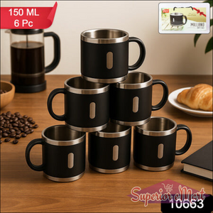 Stainless steel double wall coffee mug set in black, six pieces stacked on a wooden table with coffee beans
