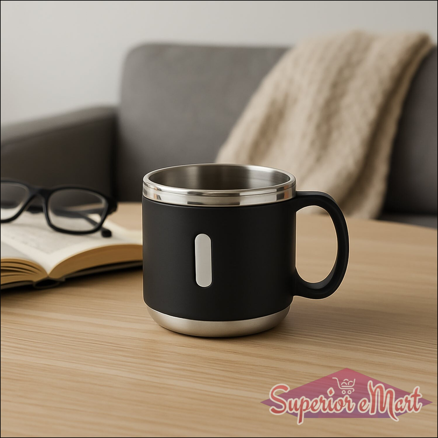 Superior eMart stainless steel double wall coffee mug set in black with a comfortable grip for home use