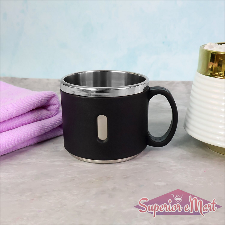 Superior eMart stainless steel double wall coffee mug set with a black exterior and sleek design