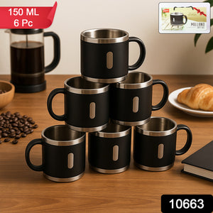 Stainless steel double wall coffee mug set in black, six pieces stacked on a wooden table with coffee beans