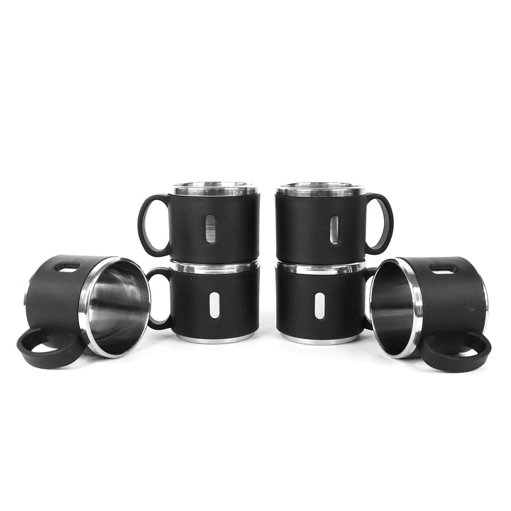 Stainless steel double wall coffee mug set with black exterior and ergonomic handles for hot beverages