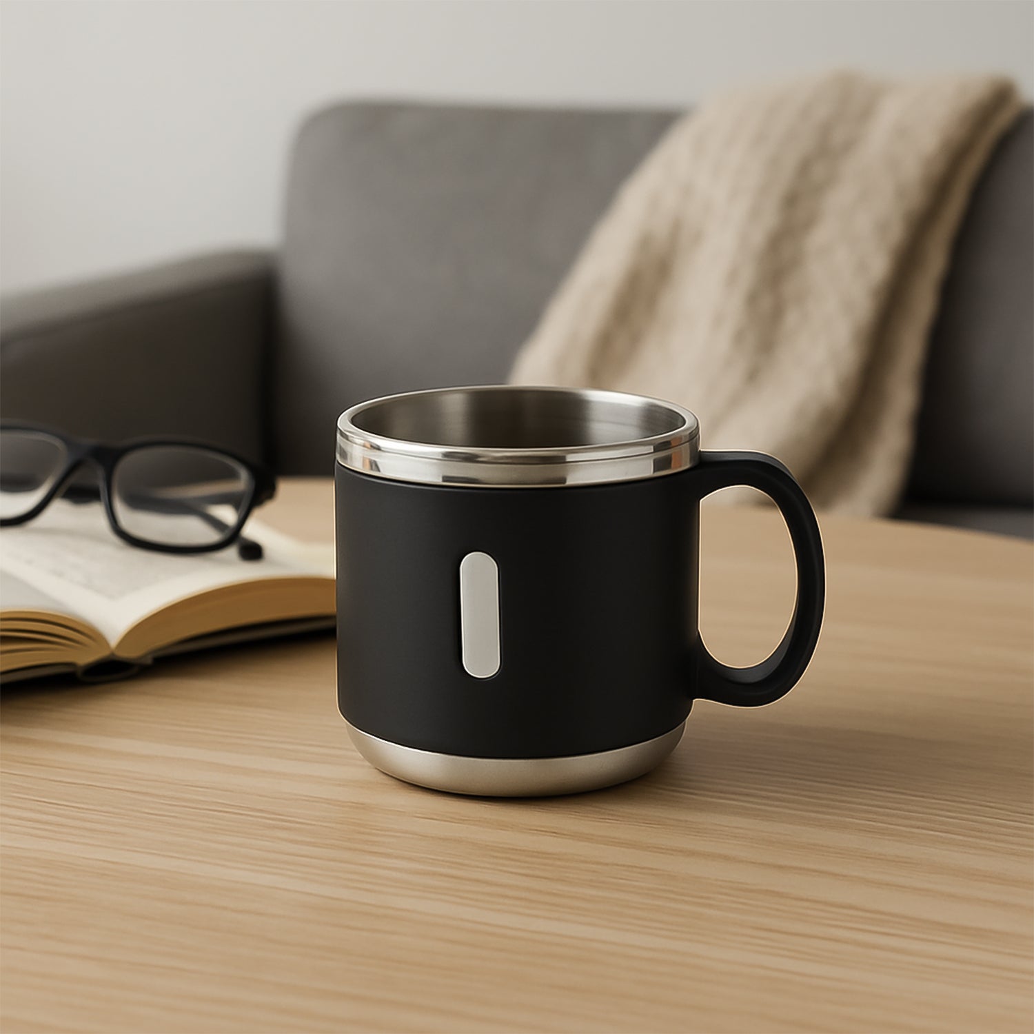 Superior eMart stainless steel double wall coffee mug set in black with a comfortable grip for home use