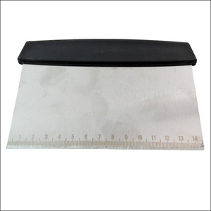 Superior eMart stainless steel dough scraper with a black handle and measurement markings for baking