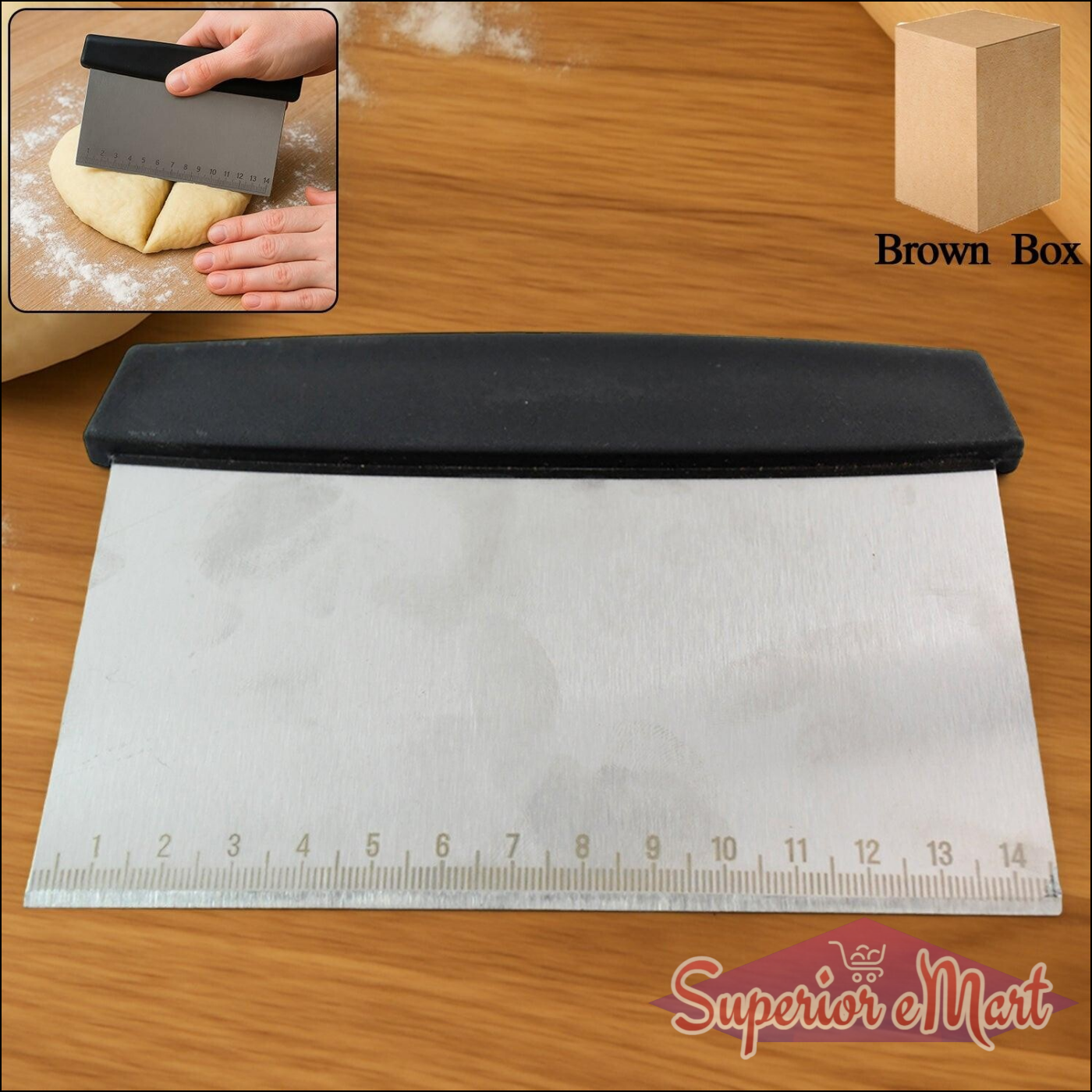 Stainless steel dough scraper with a comfortable grip and measurement markings for easy baking