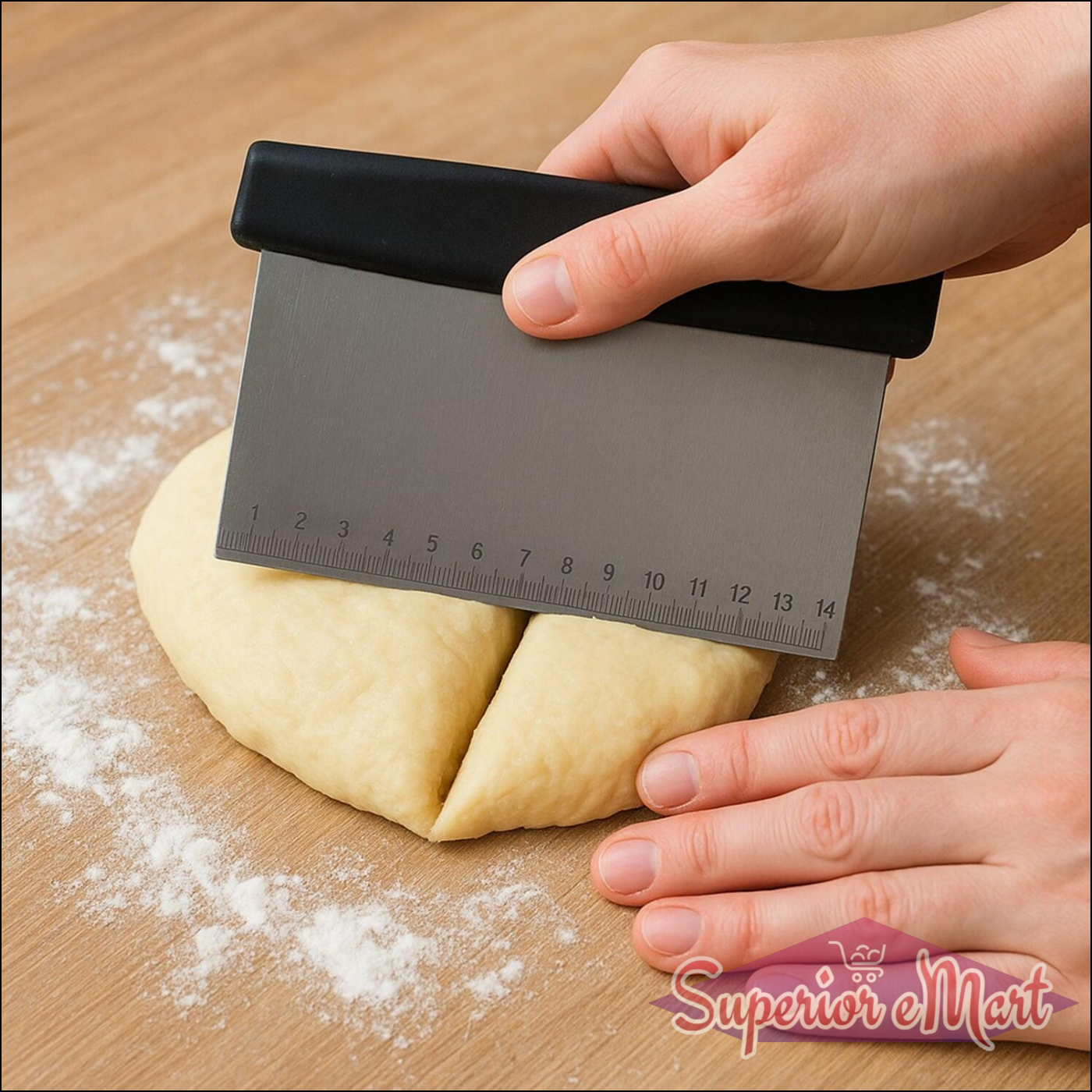 Superior eMart stainless steel dough scraper cutting dough with a comfortable grip handle