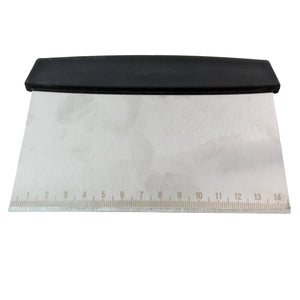 Superior eMart stainless steel dough scraper with a black handle and measurement markings for baking