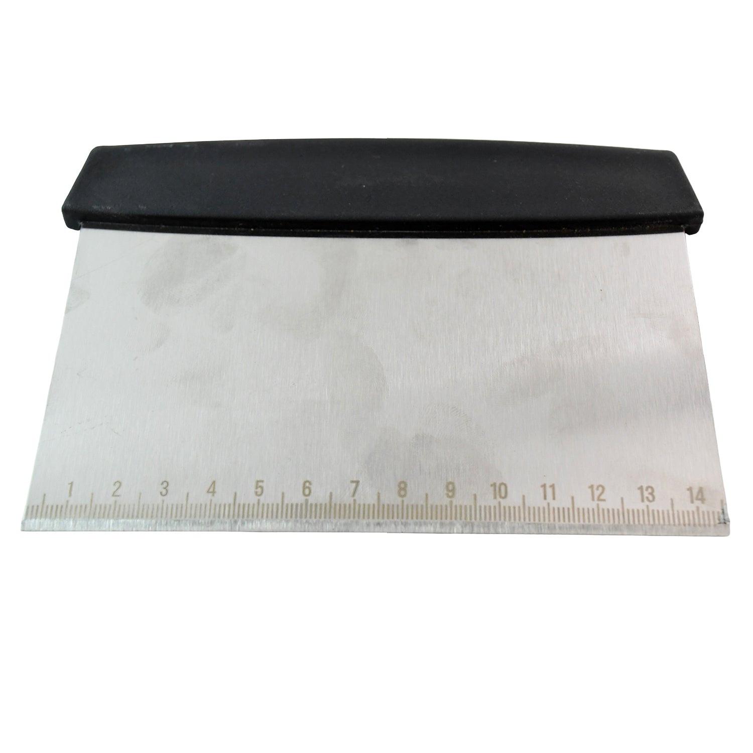 Superior eMart stainless steel dough scraper with a black handle and measurement markings for baking