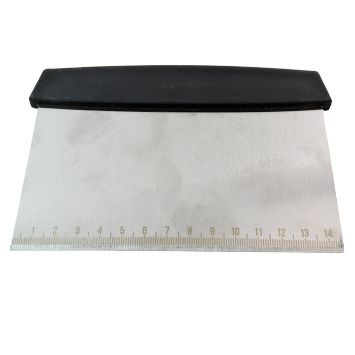 Superior eMart stainless steel dough scraper with a black handle and measurement markings for baking