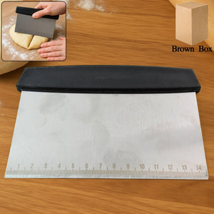 Stainless steel dough scraper with a comfortable grip and measurement markings for easy baking