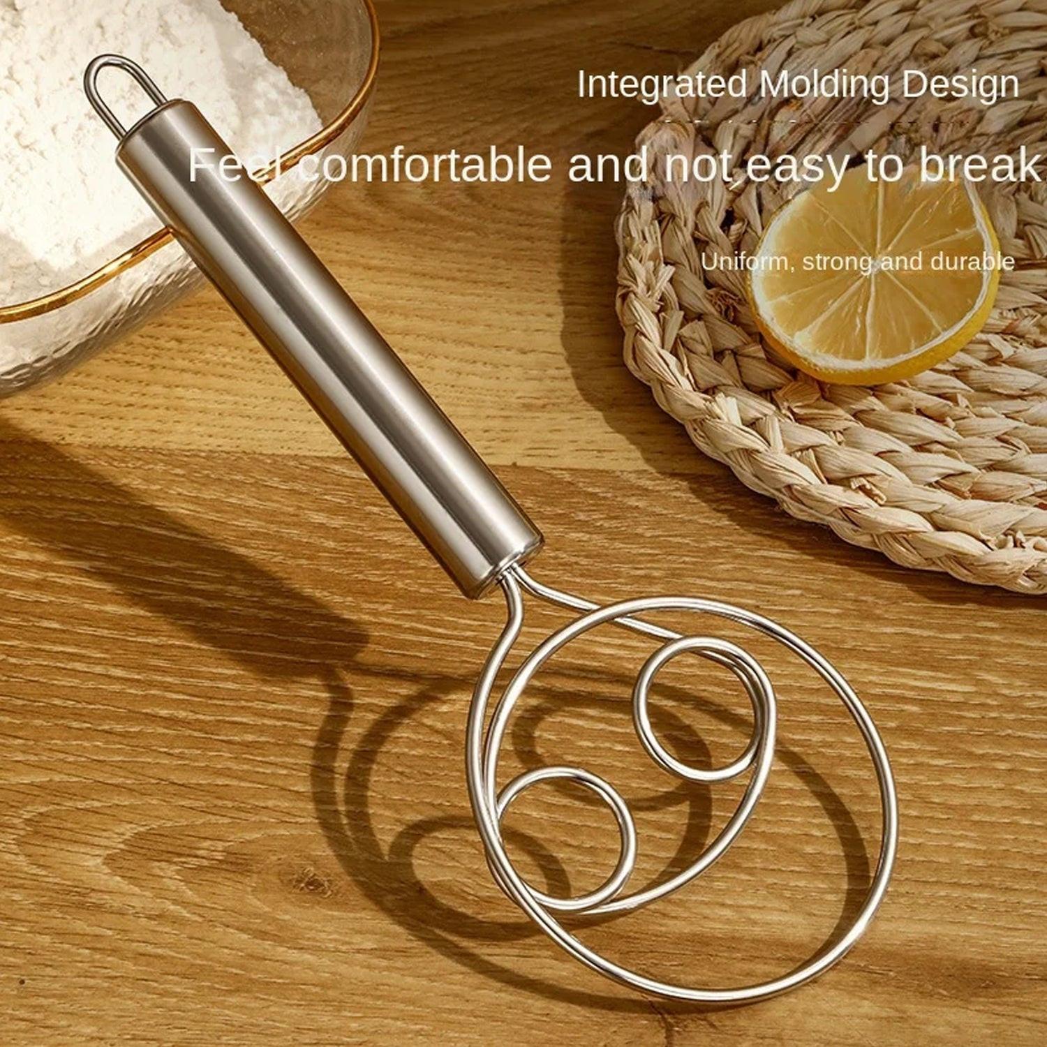 Stainless steel dough whisk with ergonomic handle for easy mixing and blending in the kitchen