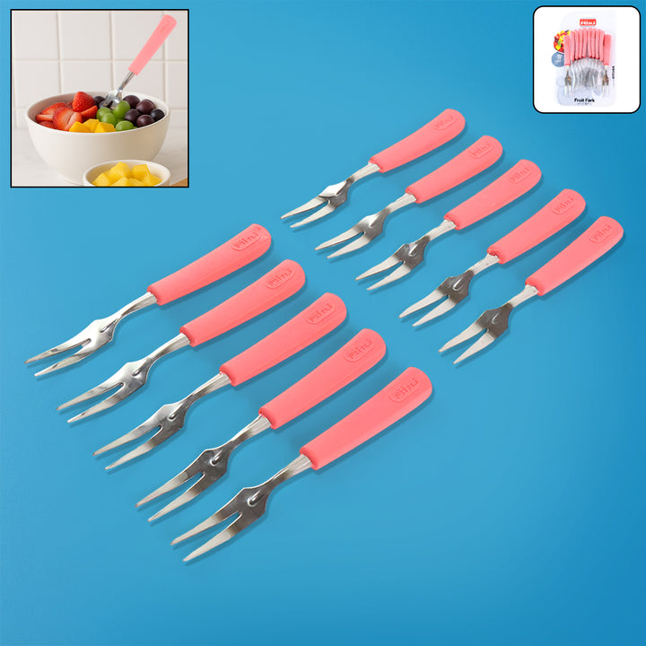 Superior eMart stainless steel fruit fork set with pink handles for serving fruit in home and kitchen