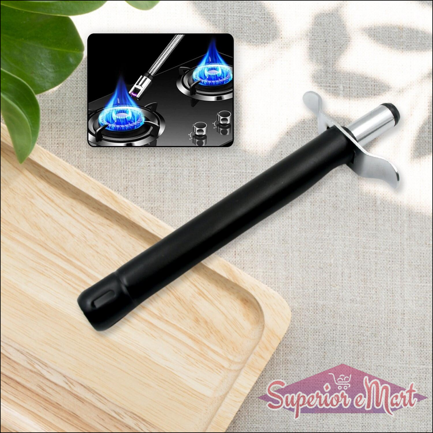 Stainless steel gas lighter for kitchen with black handle and ignition button for easy flame control