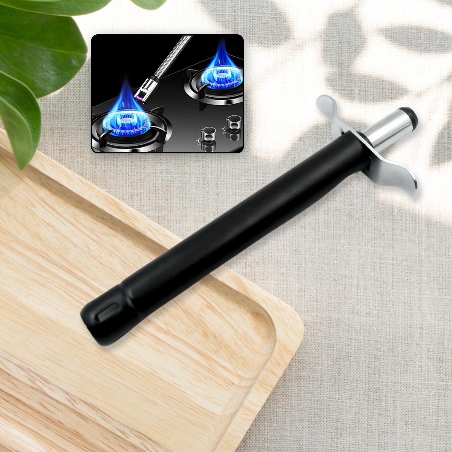 Stainless steel gas lighter for kitchen with black handle and ignition button for easy flame control