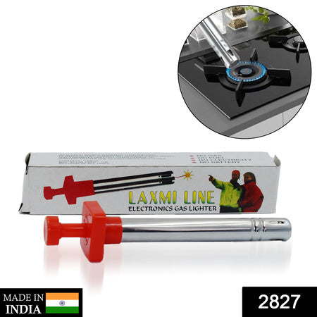 Stainless steel gas lighter with red trigger, designed for easy ignition of gas stoves