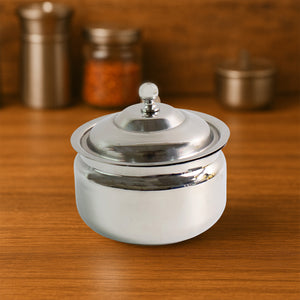 Superior eMart stainless steel ghee pot with lid on wooden kitchen countertop