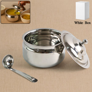 Stainless steel ghee pot with lid and ladle from Superior eMart for kitchen use