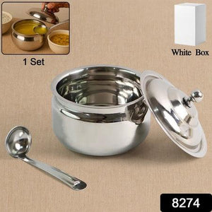 Stainless steel ghee pot with lid and spoon for kitchen storage and easy serving