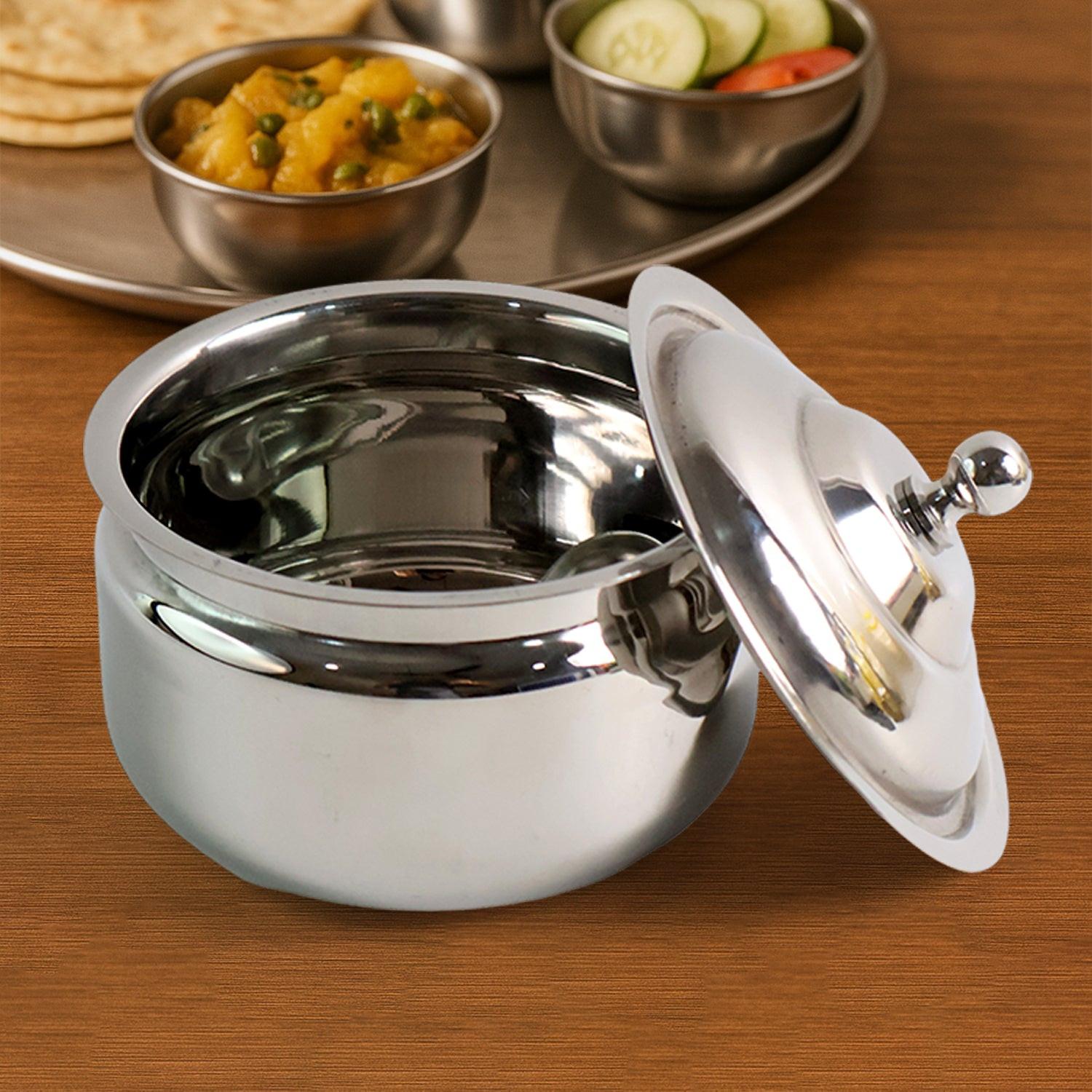 Superior eMart stainless steel ghee pot with a polished finish and lid for kitchen storage