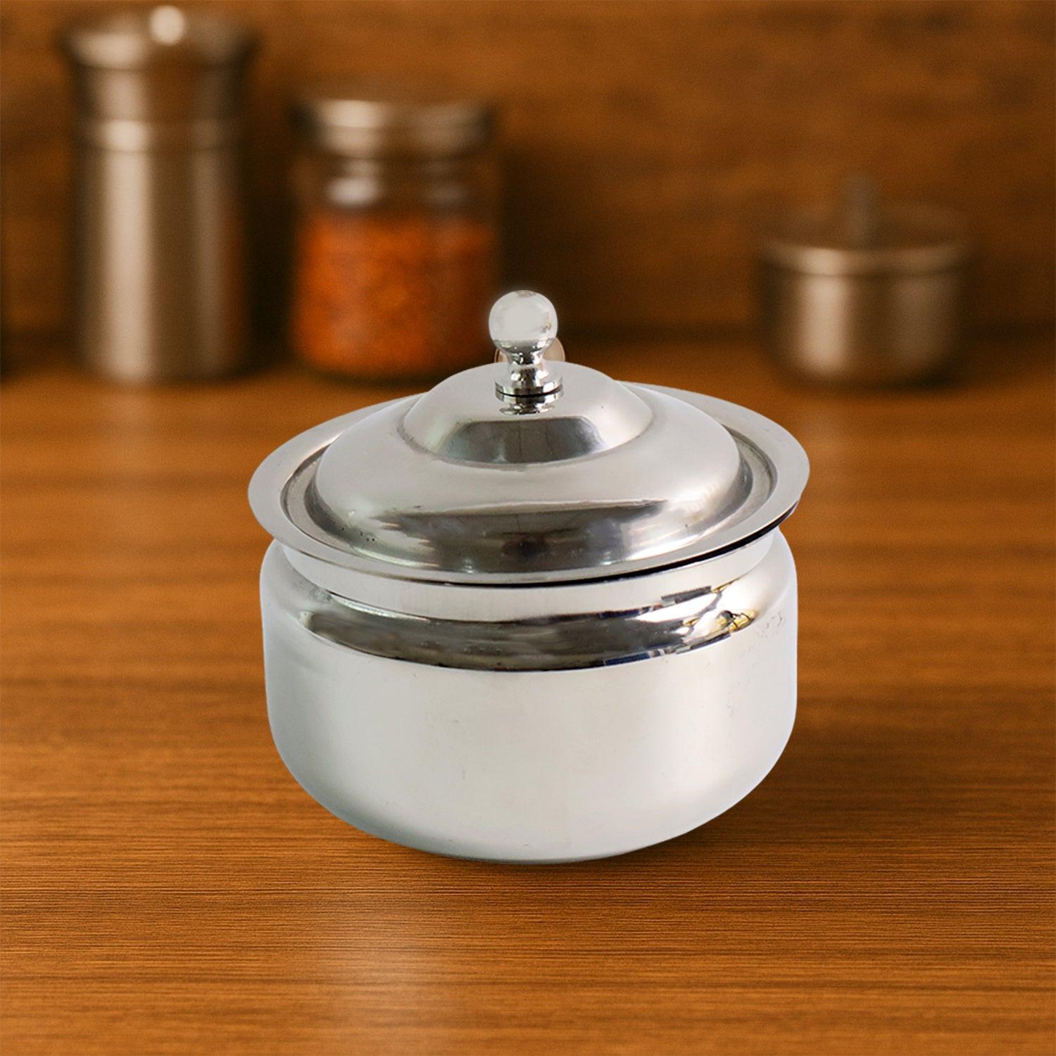 Stylish stainless steel ghee pot with lid for kitchen storage and easy access